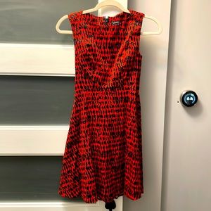 French Connection Sleeveless Fitted Dress, Red & Black Patterned